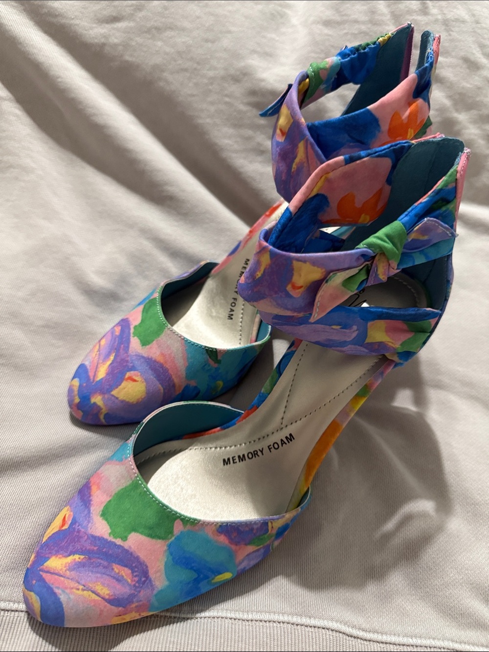 Impo Floral Tie-Ankle D'Orsay Heels in Pink, Blue, Purple & Green. Never worn.